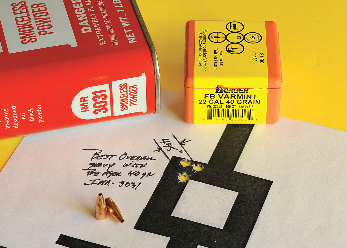 At .441 inch, this is the best group of the entire series and was shot with Berger 40-grain flatbase bullets over 32.0 grains of IMR-3031 for a velocity of 3,848 fps.